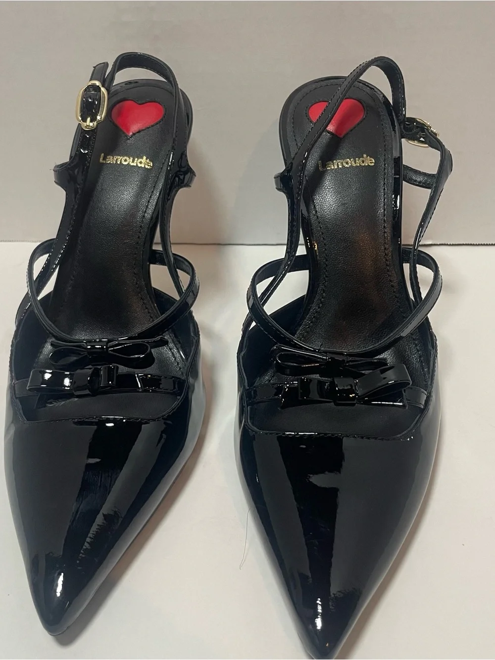 Larroudé Black Patent Leather Bow Slingback Stiletto Heels Size 7